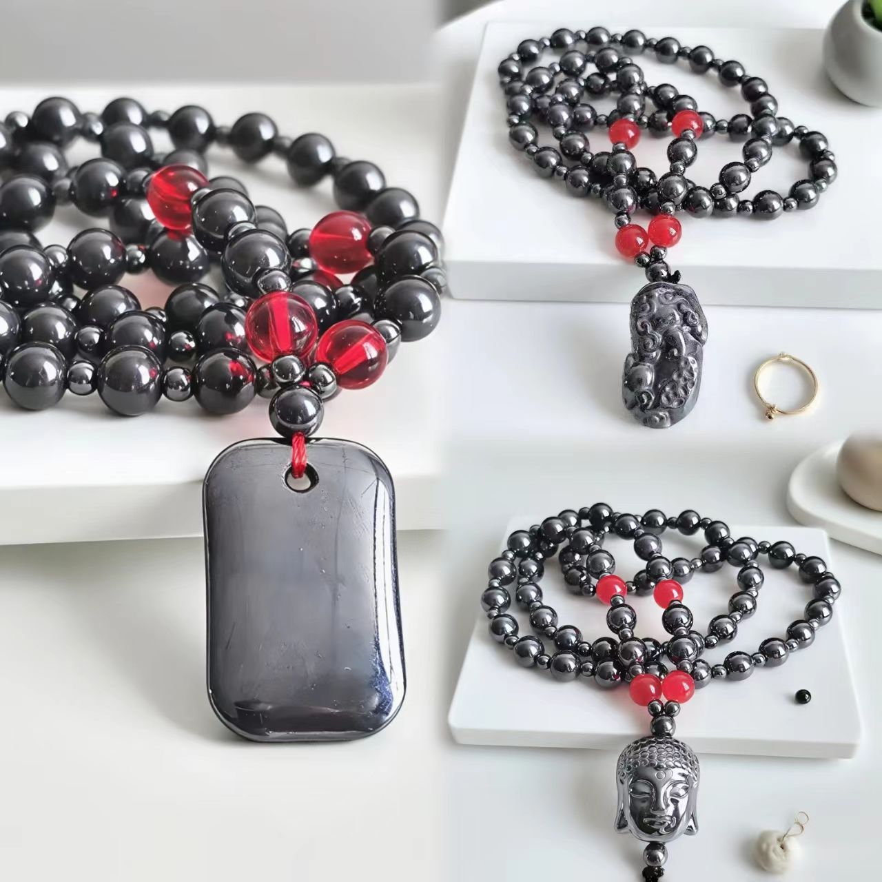 Ethnic-style Non-magnetic Black Obsidian Pixiu Buddha Head Pendant Jewelry