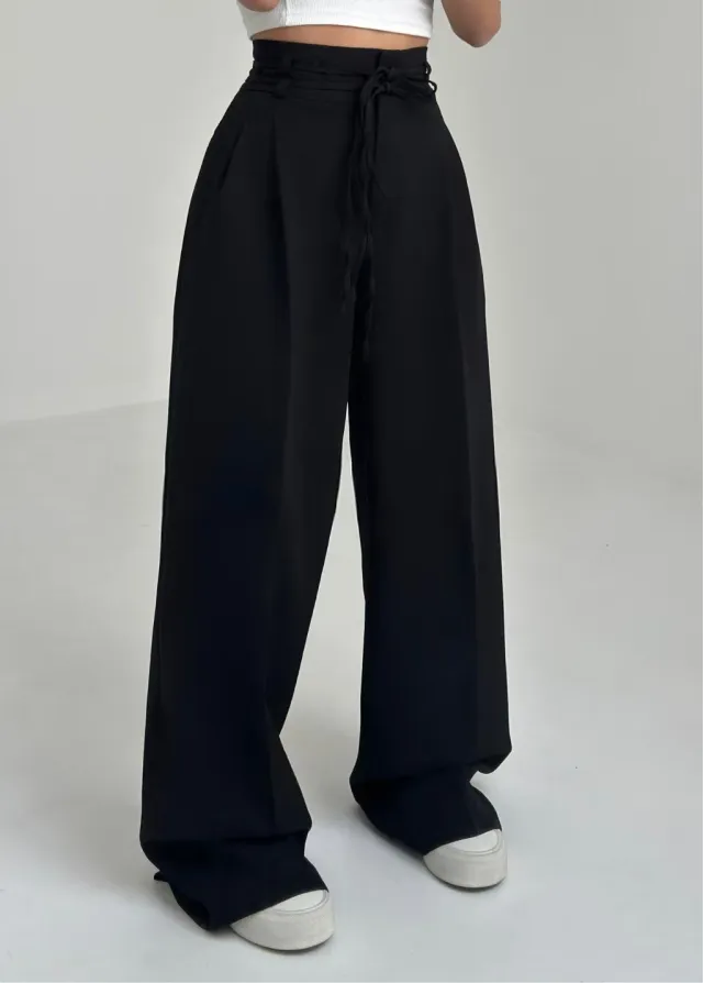 High Waist Lace Up Slim Fit Straight leg Pants Q190 Black Unlined Trousers - Shop at LoveMi