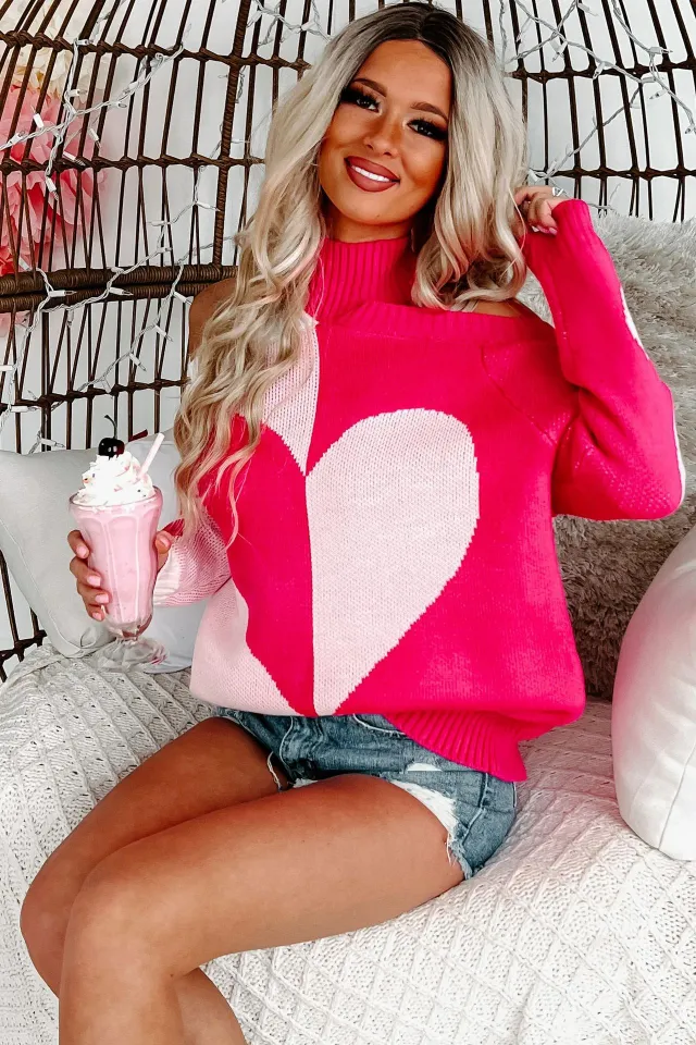 Contrast Color Love Peach Shoulder Width Loose Long Sleeve Sweater Pink White - Shop at LoveMi