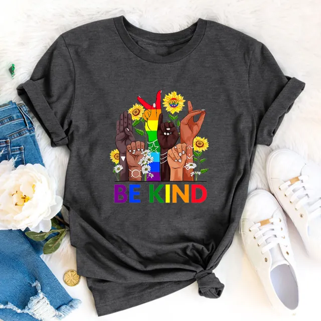Independent Station Foreign Trade New Women's T shirt BE KIND Casual Printing Spot Short sleeved T shirt Delivery Dark Gray - Shop at LoveMi