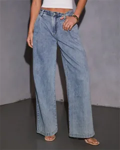 Slimming And Straight Versatile Retro Draping Mid-waist Wide-leg Jeans - Blue - View 1