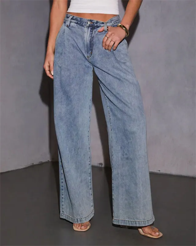 Slimming And Straight Versatile Retro Draping Mid waist Wide leg Jeans Blue - Shop at LoveMi