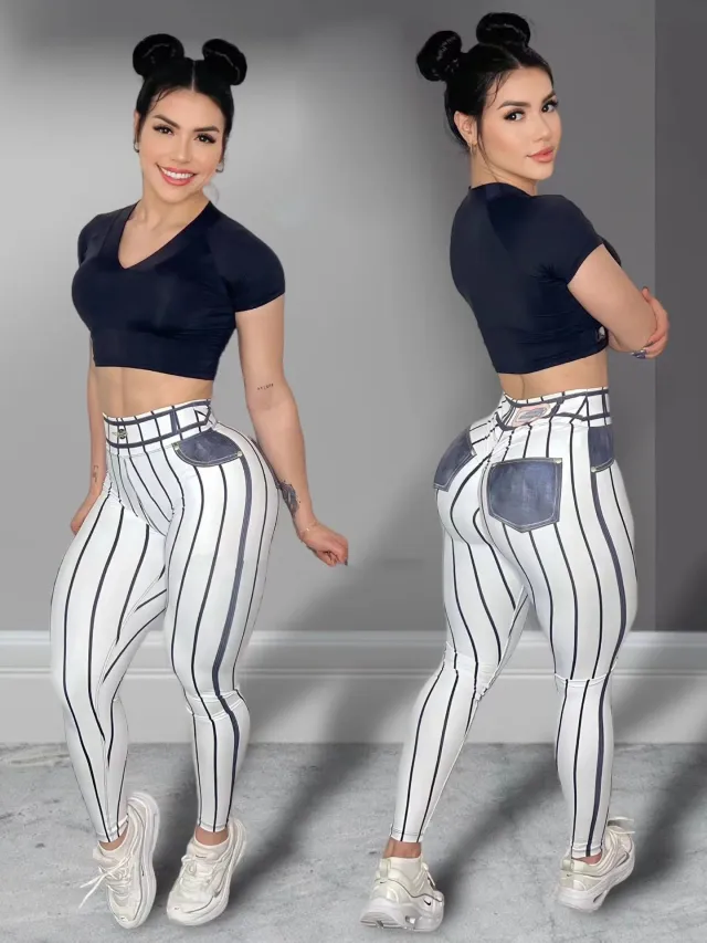 Denim Line Printing High Waist Yoga Pants White - Shop at LoveMi