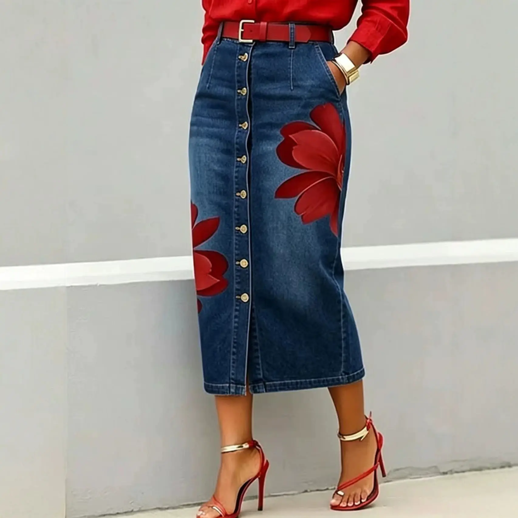 Womens Floral-Print Loose Casual Denim Skirt