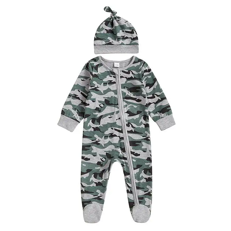 Creative Camouflage Print Zip-Up Baby Onesie And Hat Set