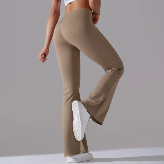 Women's Fashion High Waist Non embarrassing Line Nylon Brushed Hip Lifting Bell bottom Pants Cocoa Color - Shop at LoveMi