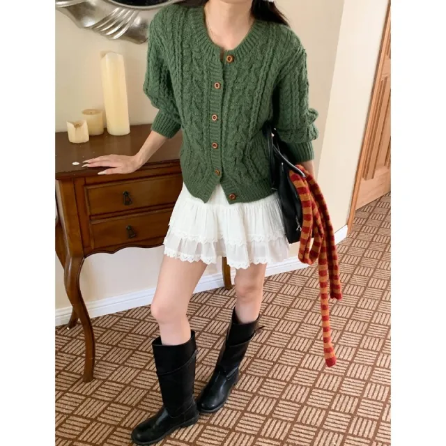 Korean Style Idle Style Thick Needle Twisted Texture Knitted Cardigan Sweater Dark Green - Shop at LoveMi