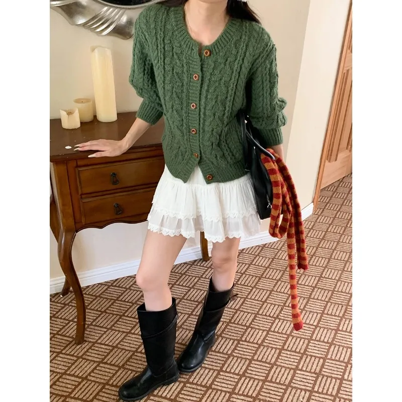 Korean Style Idle Style Thick Needle Twisted Texture Knitted Cardigan Sweater - Dark Green