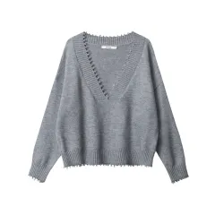 European And American Raw Edges Design V-neck Long-sleeved Sweater - Gray - View 1