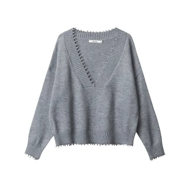 European And American Raw Edges Design V neck Long sleeved Sweater Gray - Shop at LoveMi