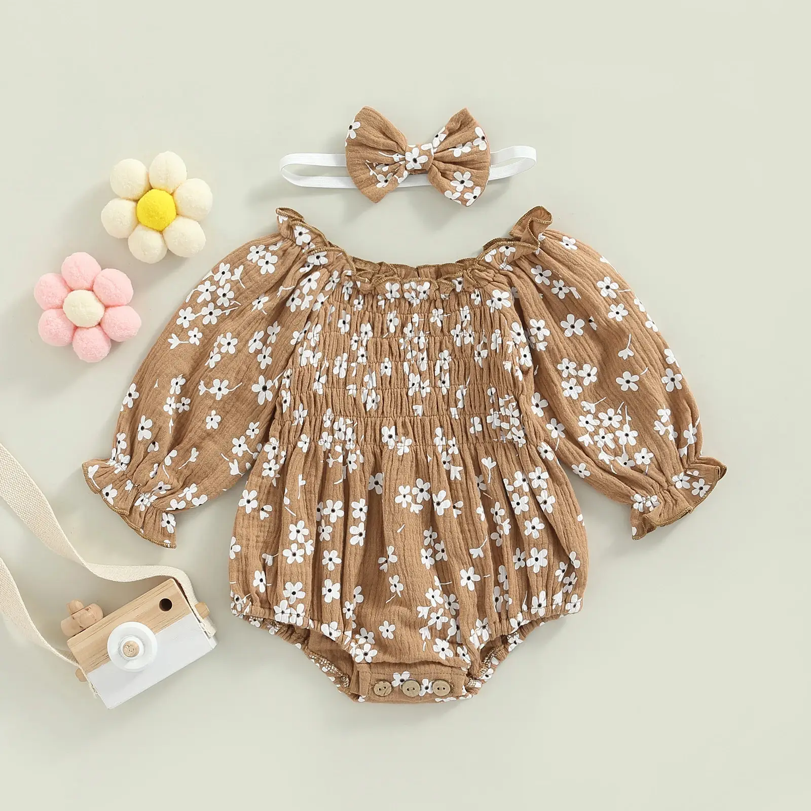 Flowers Full Printed Long-sleeve Jumpsuit Romper Bow Hair Accessories