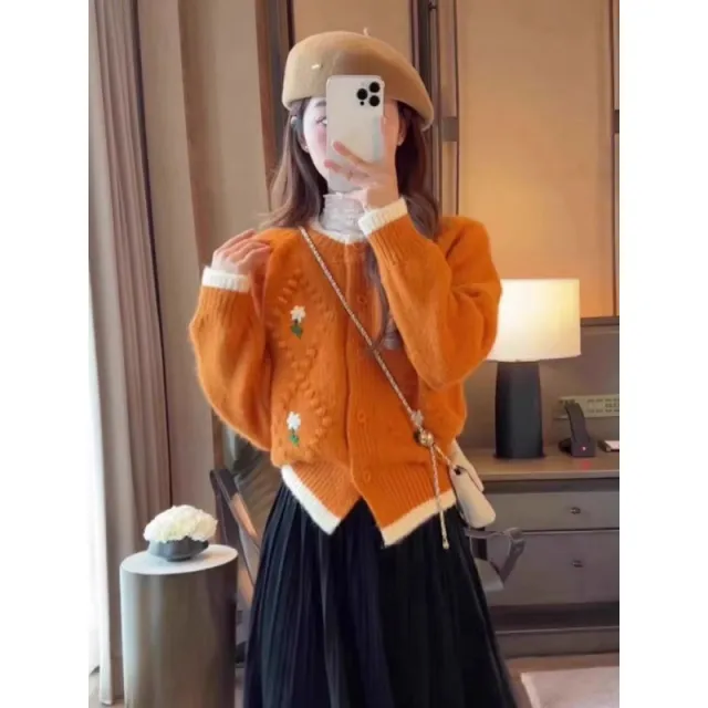 Embroidered Flower Sweater Coat For Women Orange - Shop at LoveMi