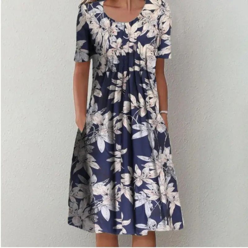 Spring And Summer Women's Elegant Large Swing Round Neck Printed Short Sleeve Dress