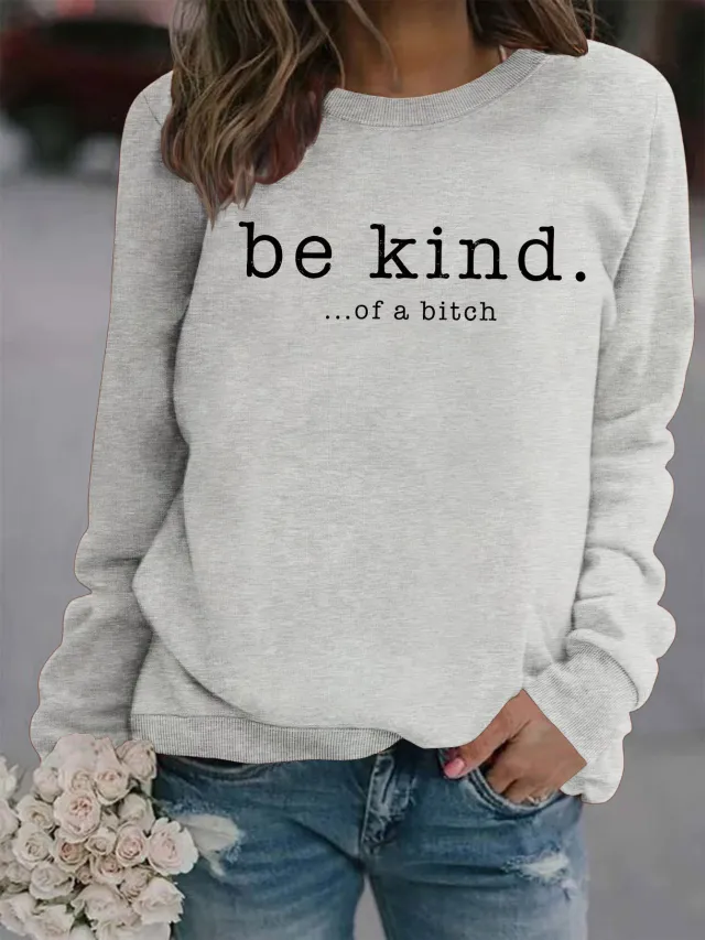 Ladies' Fashionable Round Neck Printed Hoodie Gray - Shop at LoveMi