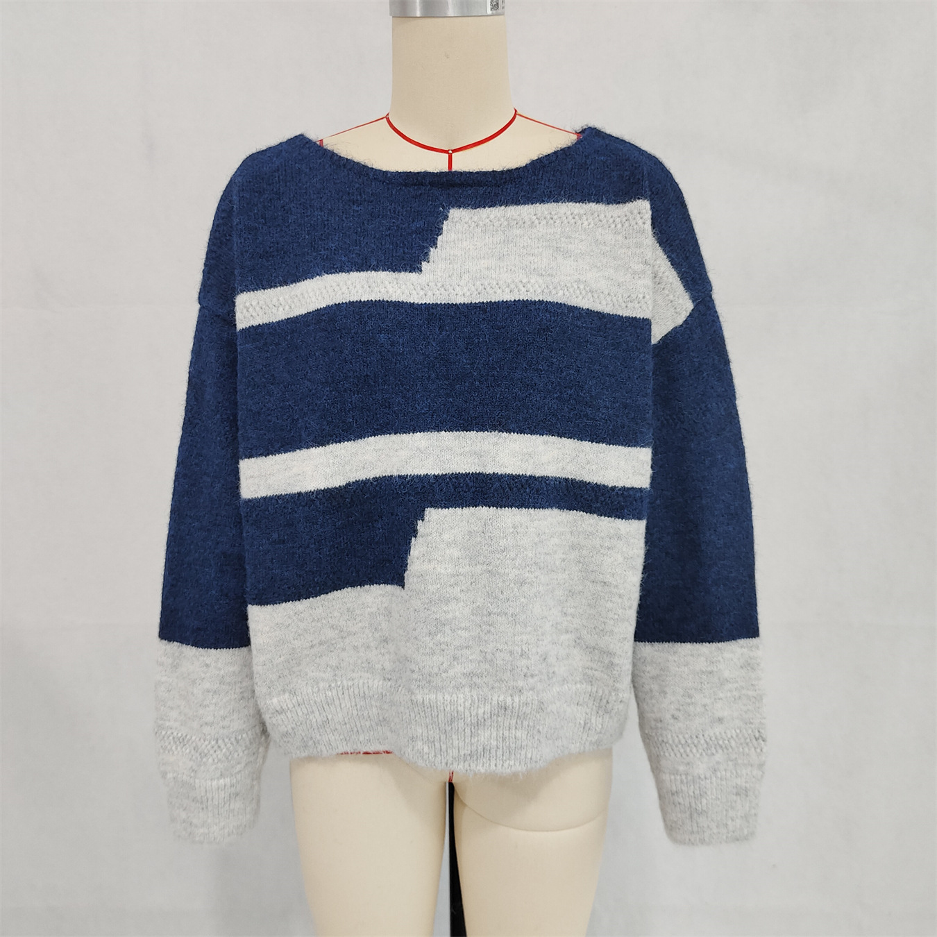 Simple Commute Irregular Contrast Color Round Neck Long Sleeve Sweater