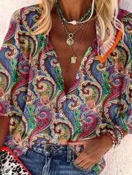 Bohemian Retro Geometric Print Colorful Spring And Autumn Women's Stand Collar Loose Shirt - Style450