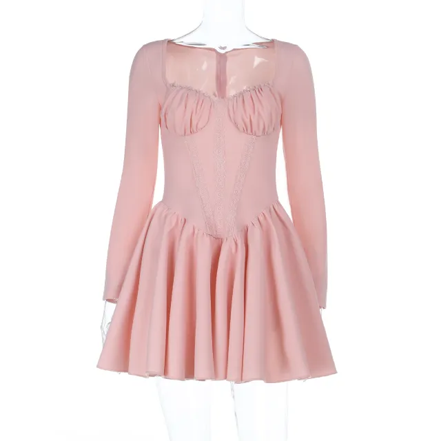 Fashion Diamond Collar Lace Decorated Waist tied Long Sleeve Dress Pink - Shop at LoveMi
