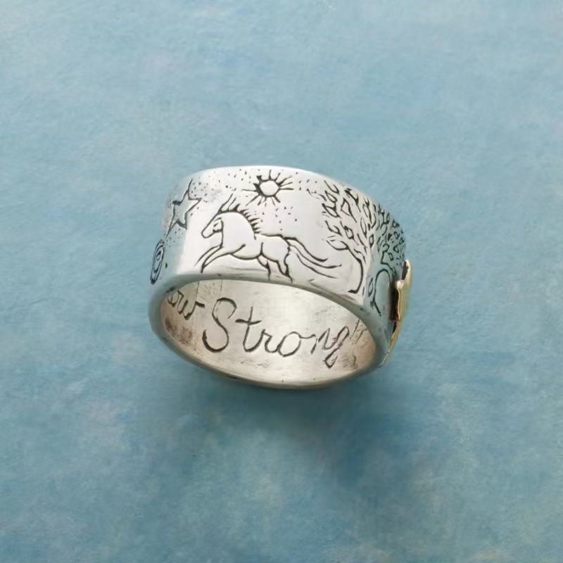 Fashionable Distressed Ring With Engraved Symbols