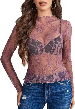 Women's Lace Blouse Long Sleeve Transparent Shirt - Transparent - View 1
