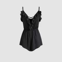 European And American Sexy Style Camisole Homewear Jumpsuit Summer Deep V-neck With Ruffles, Comfortable Top For Women - Black - View 1