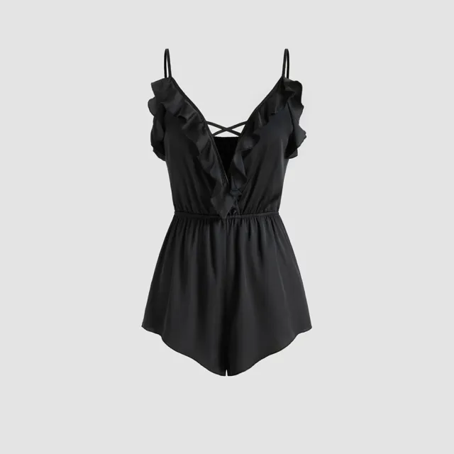 European And American Sexy Style Camisole Homewear Jumpsuit Summer Deep V neck With Ruffles, Comfortable Top For Women Black - Shop at LoveMi
