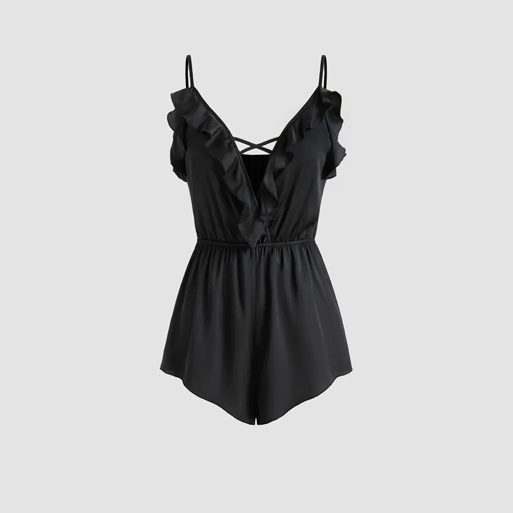 European And American Sexy Style Camisole Homewear Jumpsuit Summer Deep V-neck With Ruffles, Comfortable Top For Women - Black