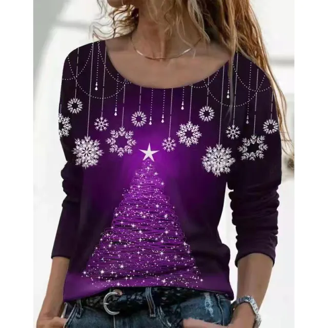 Women's Fashion Christmas Floral Theme Loose Printed Crew Neck Top Purple - Shop at LoveMi