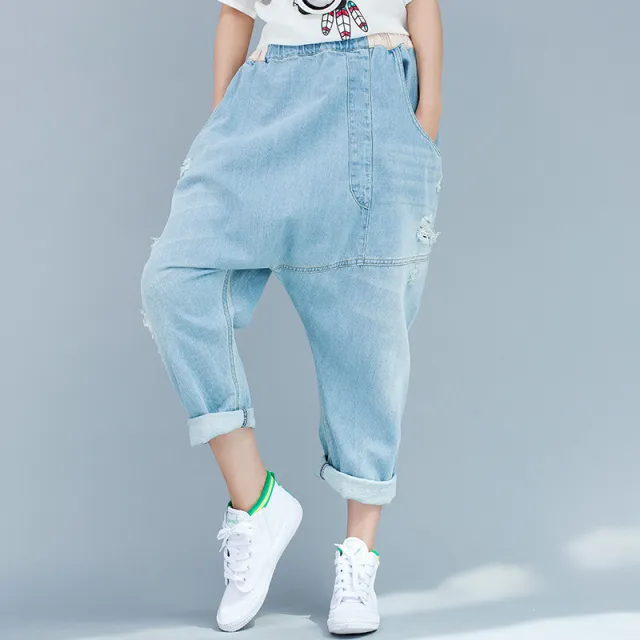 Baggy Pants Big Crotch Pants Loose Personality Hole Irregularly Slimming Light Blue - Shop at LoveMi