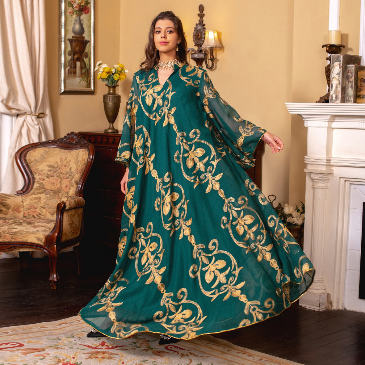 Arab Dubai Embroidered Mesh Dress European Muslim Party Dinner Fashion - Image 2