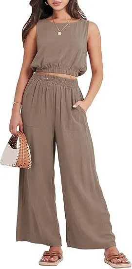 Casual Round Neck Sleeveless Elastic Lower Hem High Waist Wide Leg Two-piece Set - Camel