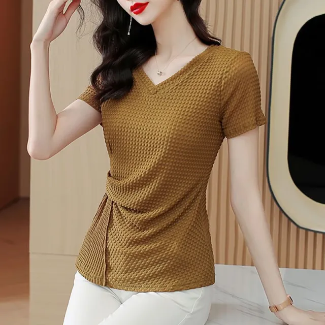 Knitted Ice Silk Short Sleeve T shirt Women's Summer Yellow - Shop at LoveMi