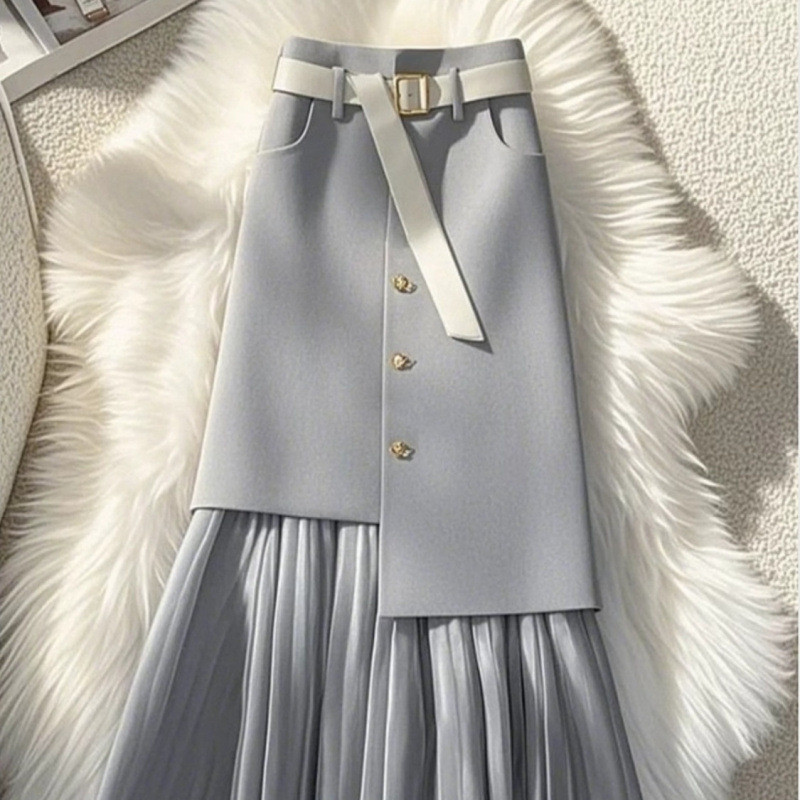 Womens Mid-Length Straight Skirt With Gray Patchwork Design