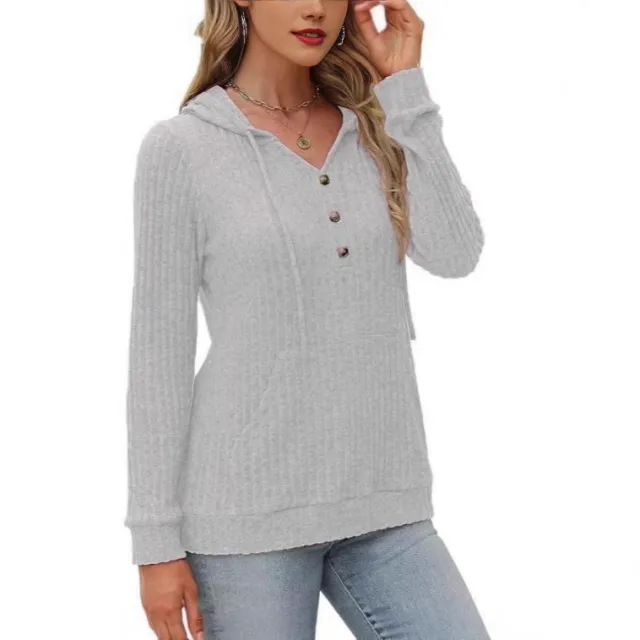 Solid Color Long Sleeve Hoodie Brushed Bedford Cord Sweater Gray - Shop at LoveMi