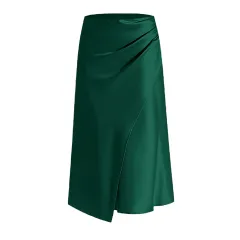 Women's High Waist Satin Heap Pleated Split Dress - Dark Green - View 1