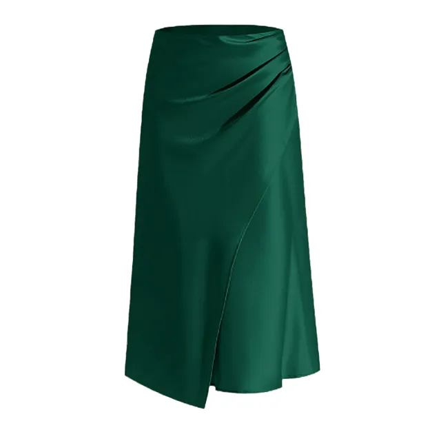 Women's High Waist Satin Heap Pleated Split Dress Dark Green - Shop at LoveMi
