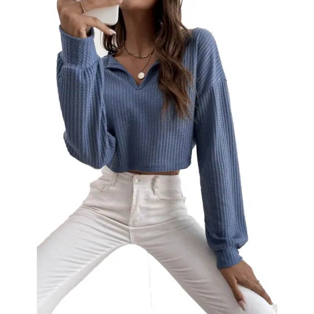 New Women's V neck Solid color Cropped Long sleeve T shirt Blue - Shop at LoveMi