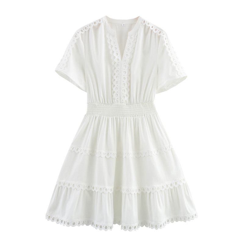 Summer Elegant Patchwork Edge Hollow Design Tight Waist A Swing Short Sleeve Dress