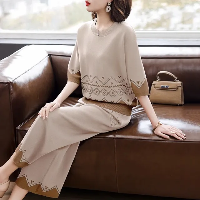 Spring And Autumn New Fashion Two piece Suit Middle aged And Elderly Casual Short sleeved Ice Silk Sportswear Suit Women Gray - Shop at LoveMi