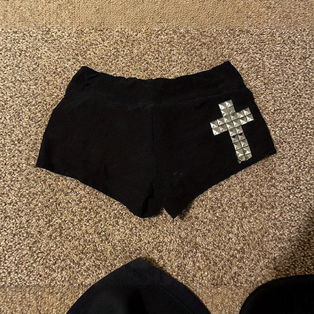 Womens Black Cross Design Comfortable Elastic-Waist Bodycon Ultra-Short Shorts