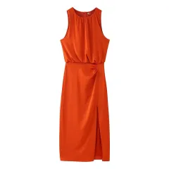 European And American Style French Pleated Decorative Silk Satin Texture Midi Skirt Dress - Orange - View 1