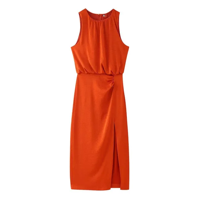 European And American Style French Pleated Decorative Silk Satin Texture Midi Skirt Dress Orange - Shop at LoveMi