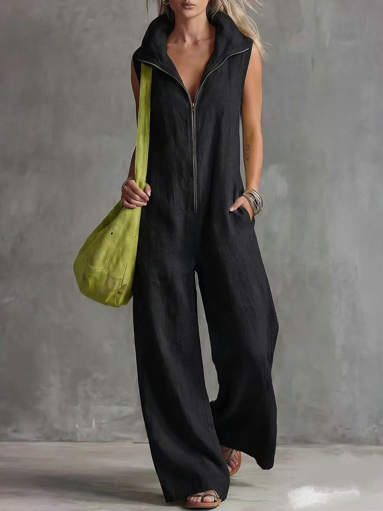 Women's linen-look jumpsuit – side profile view