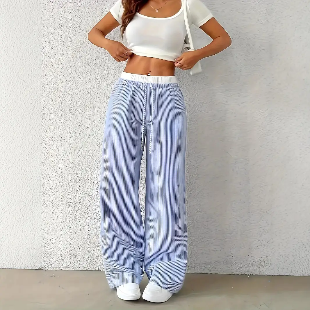 Leisure Commute Simple Blue Striped Draggle-tail Straight Trousers