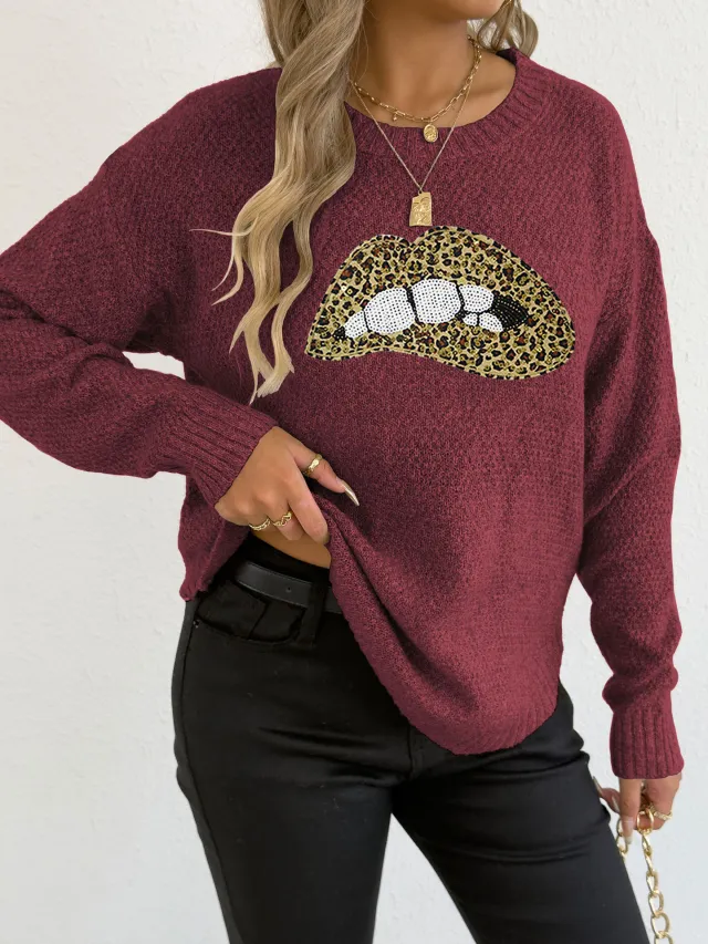 Female Leopard Print Embroidered Sequins Lips Personality Crew Neck Pullover Sweater Wine - Shop at LoveMi