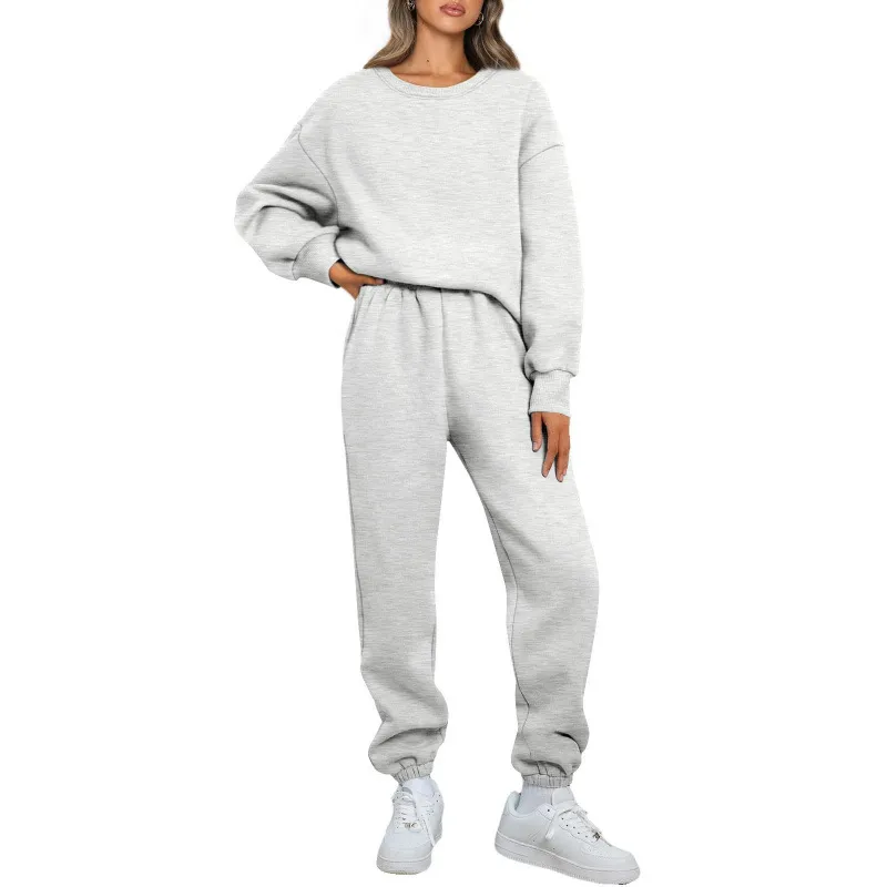 Winter Solid-color Fashionable Crew-neck Pullover With Fleece Lining - Gray