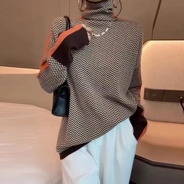 Loose Pile Collar Bottoming Shirt Women's Houndstooth Turtleneck Sweater Zebra Pattern Brown - Shop at LoveMi