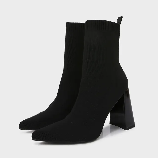 Brown Yellow Geometric High Heel Chunky Heel Retro Ankle Boots Elastic Socks Boots Women Yellow - Shop at LoveMi