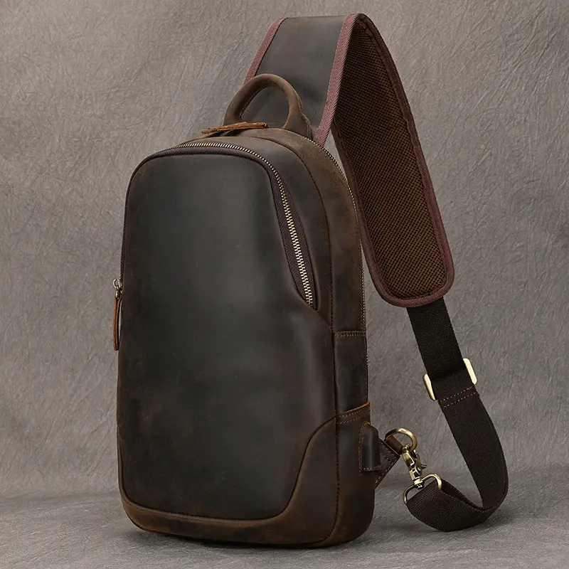 Crazy Horse Leather Chest Bag Large-Capacity Mens