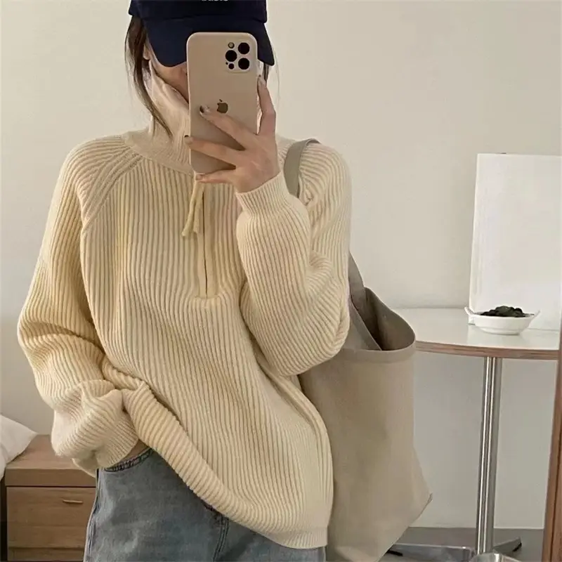 Half Zipper Idle Style Loose-fitting Versatile Outerwear Knitted Top