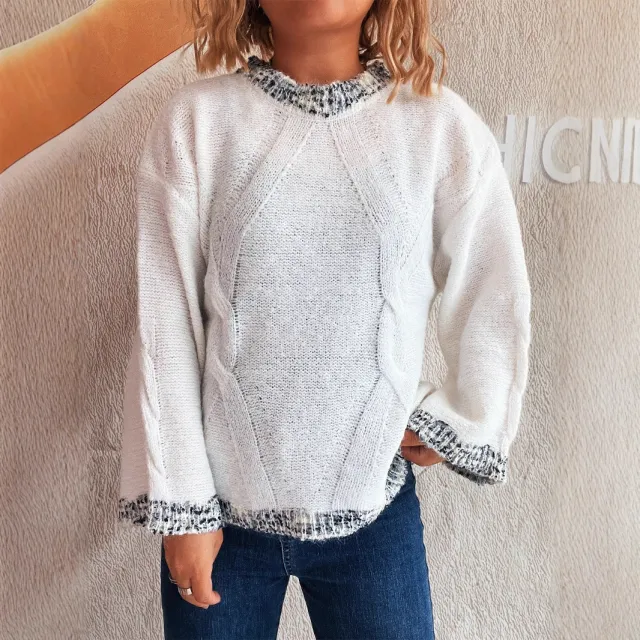 Patchwork Round Neck Knit Casual Commuter Loose Retro Sweater White - Shop at LoveMi